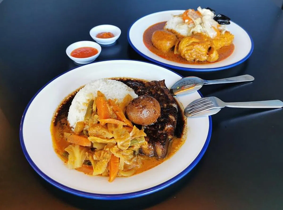 卤肉饭加卤蛋，咖喱鸡腿加马铃薯，加上无辣杂菜或咖喱菜，是鄞家潮州餜点每日固定套餐。（陈爱薇摄）