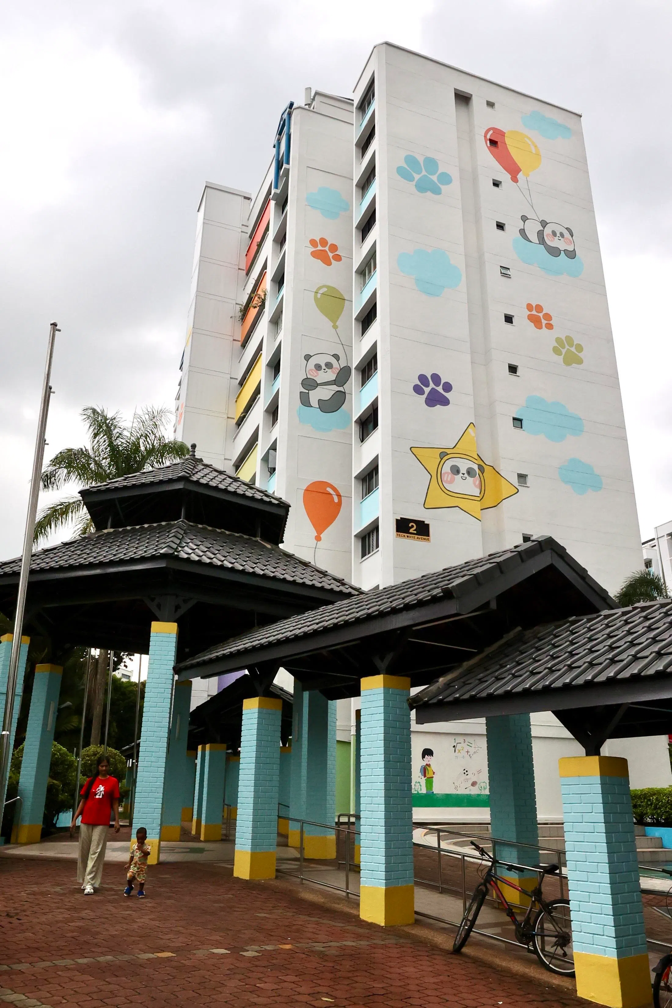 德惠道第1座至第7座组屋的外墙漆上彩虹的颜色，还有各式各样的卡通熊猫图案。（邬福梁摄）