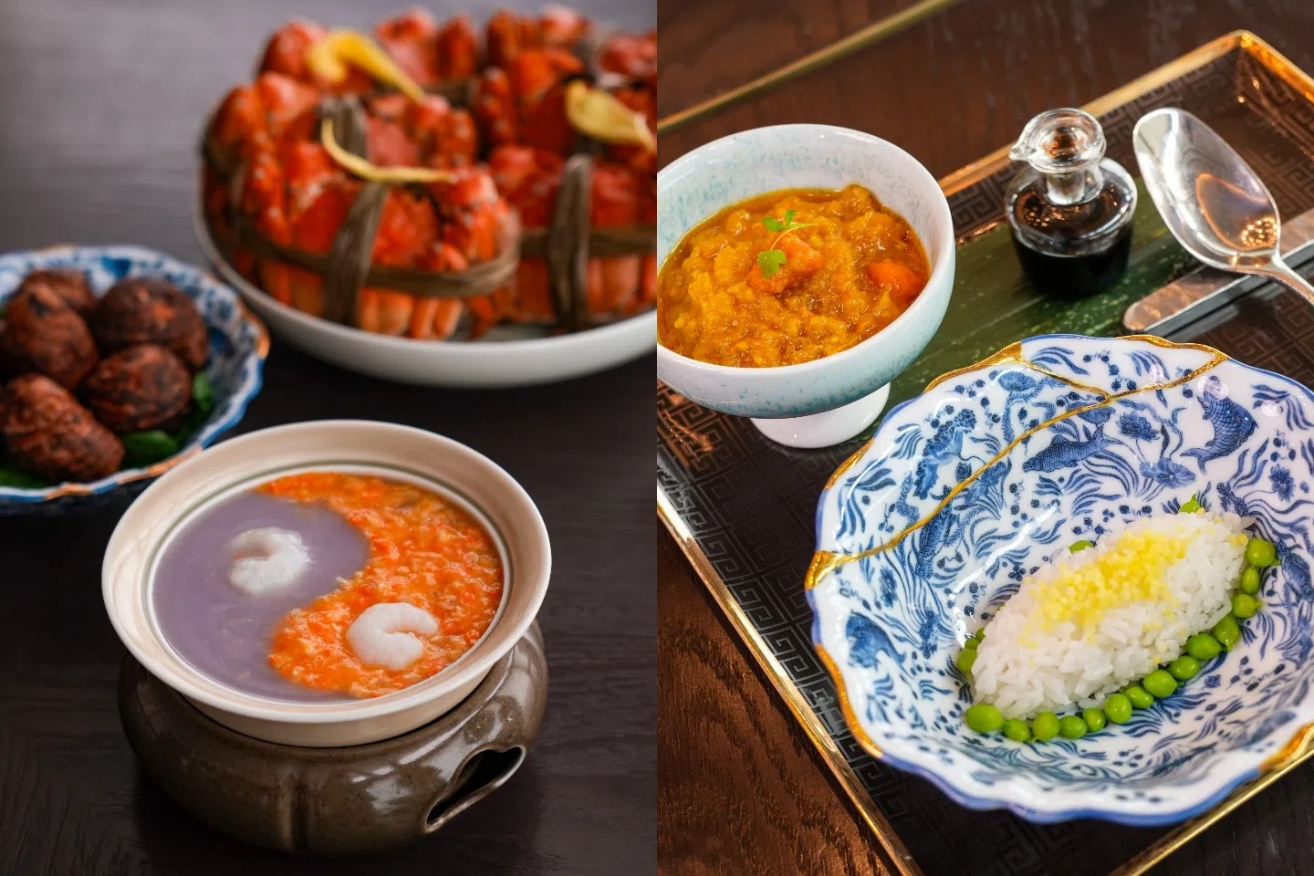 金蜓湾的蟹粉奶浴河虾羹（左）和秃黄油捞饭。（餐馆提供）