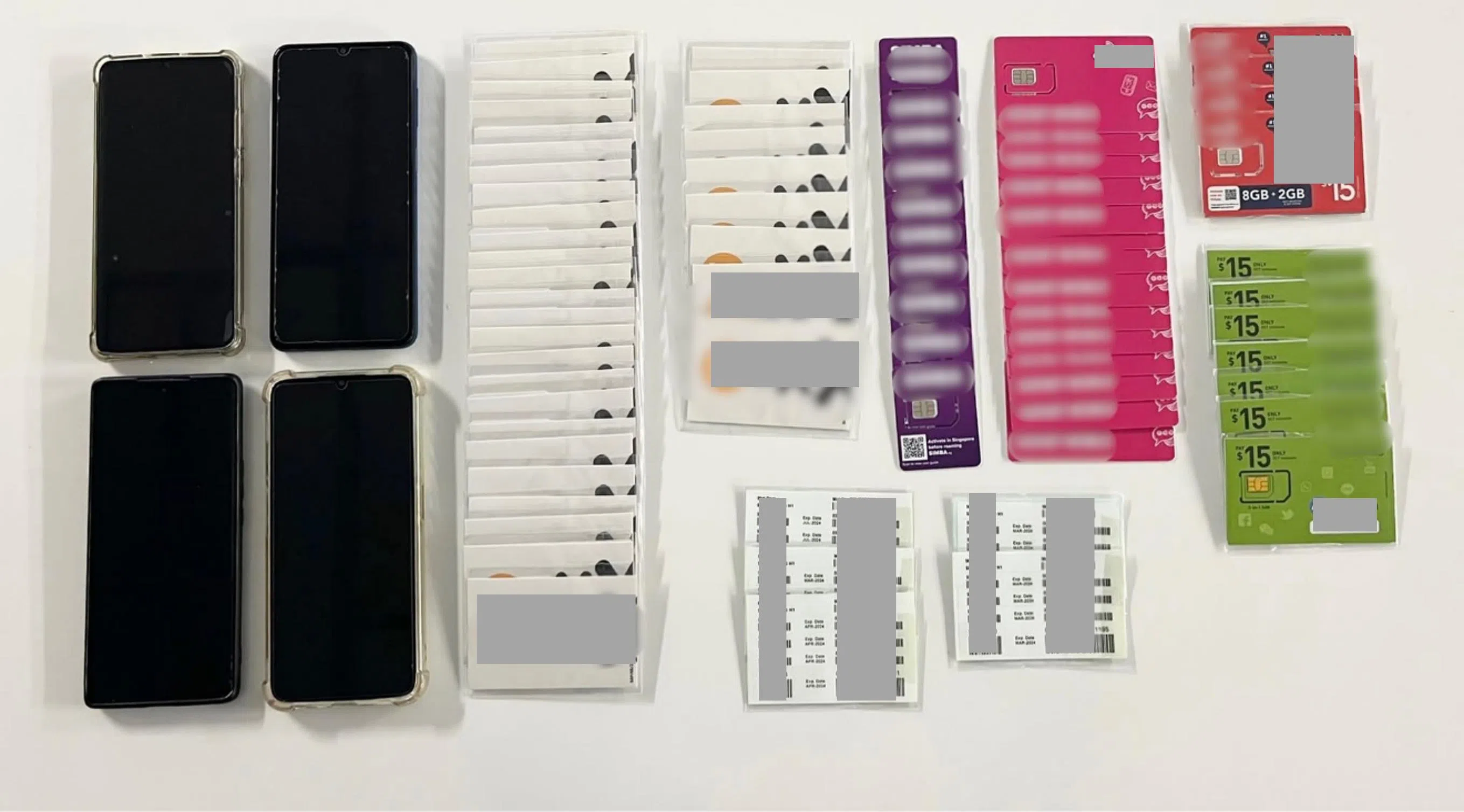 警方在行动中起获的后付费电话卡以及其他物品。（警方提供）