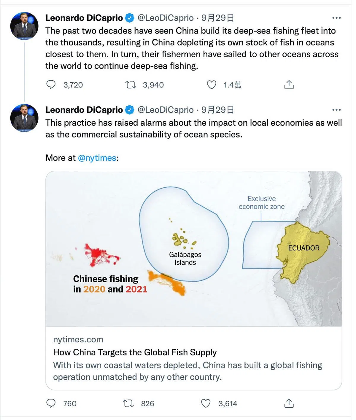 里奥纳度9月29日在推特转发了《纽约时报》一篇英文题为“How China Targets the Global Fish Supply”的报道。（里奥纳度推特截图）