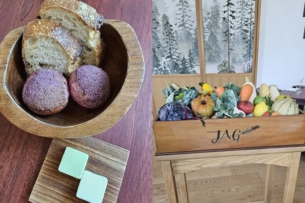 Jag餐馆维持蔬菜为先的概念（右图），但在细节中加入新味道，比如面包上撒肉骨茶调料香料粉（左图）。（黄亿敏摄）