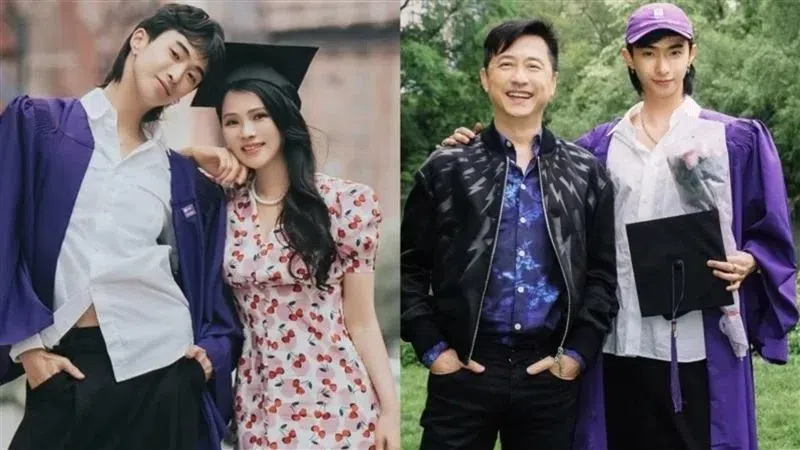 伊能静（左图右）和庾澄庆（右图左）远赴美国参加儿子恩利的大学毕业典礼。（互联网）