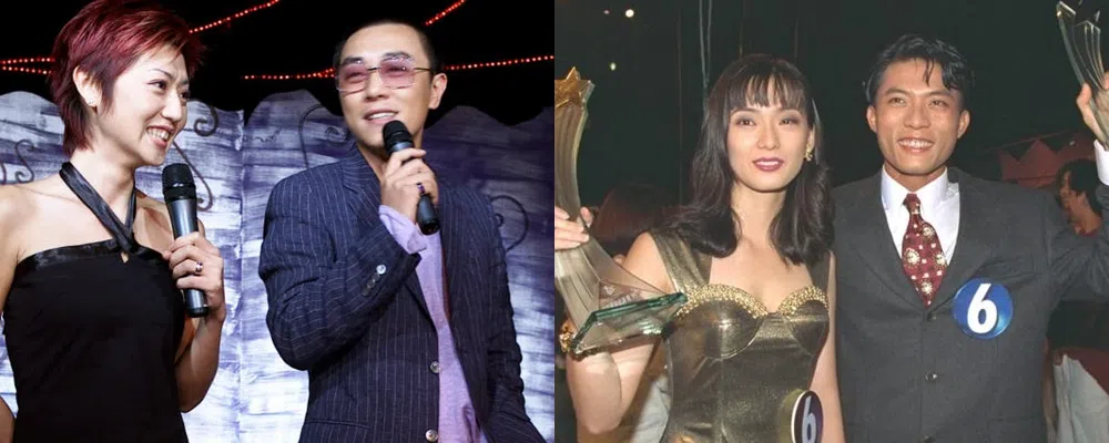 郭亮（左图右）和权怡凤从《环岛追追追》开始搭档，一直被视为最佳主持组合。两人首次在新加坡室内体育馆主持1995年的“才华横溢出新秀”，当年男女冠军是沈倾掞（右图右）和郑秀珍。（档案照）