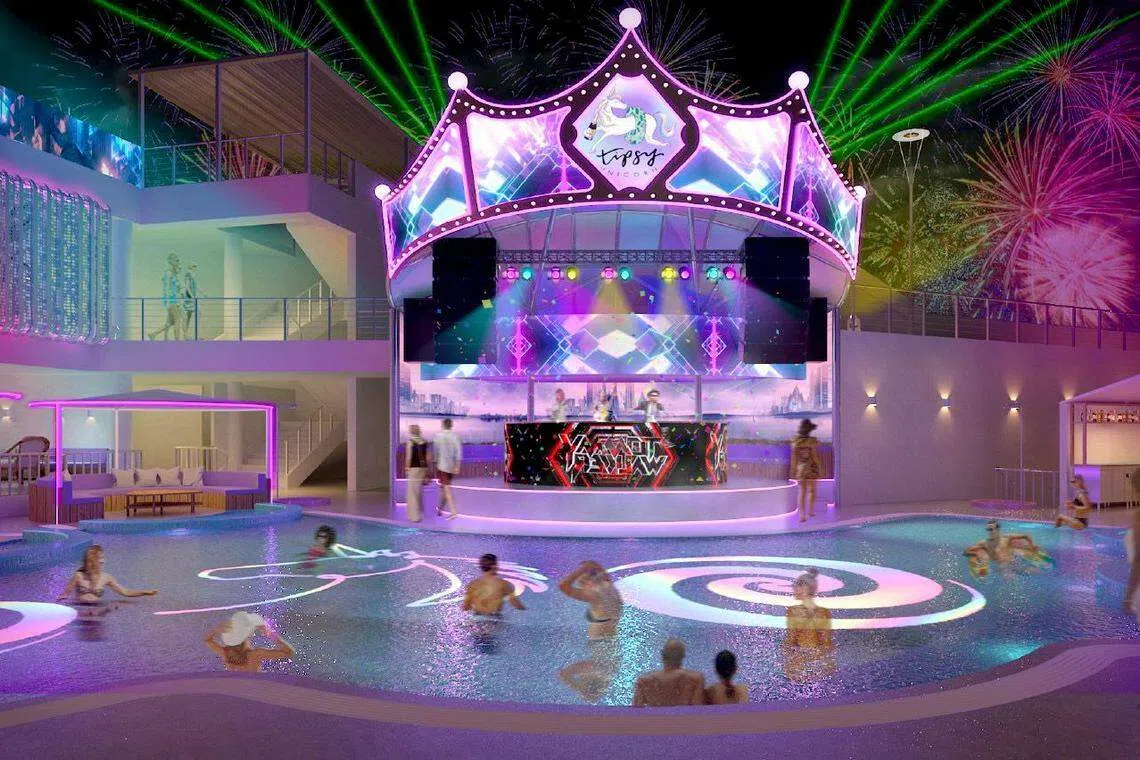 占地1万9000平方英尺的Tipsy Unicorn海滩俱乐部设有酒吧、现场乐队、休息室、健身设施等休闲区域。（Tipsy Unicorn Beach Club提供）