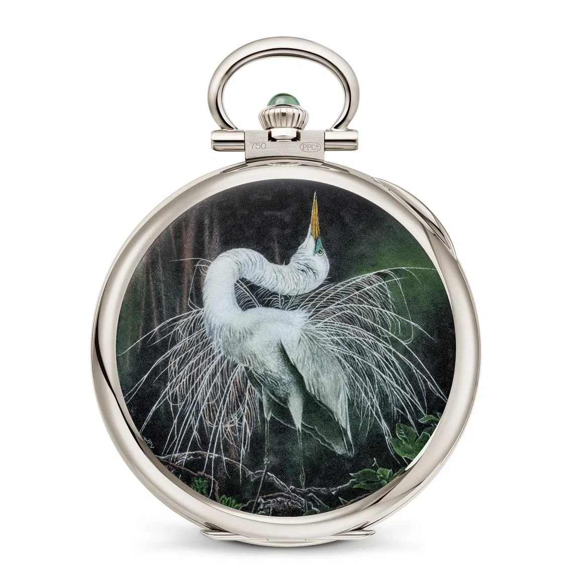 展览着重描绘鸟类，怀表以细木镶嵌工艺精心展现白鹭优雅姿态。（百达翡丽提供）