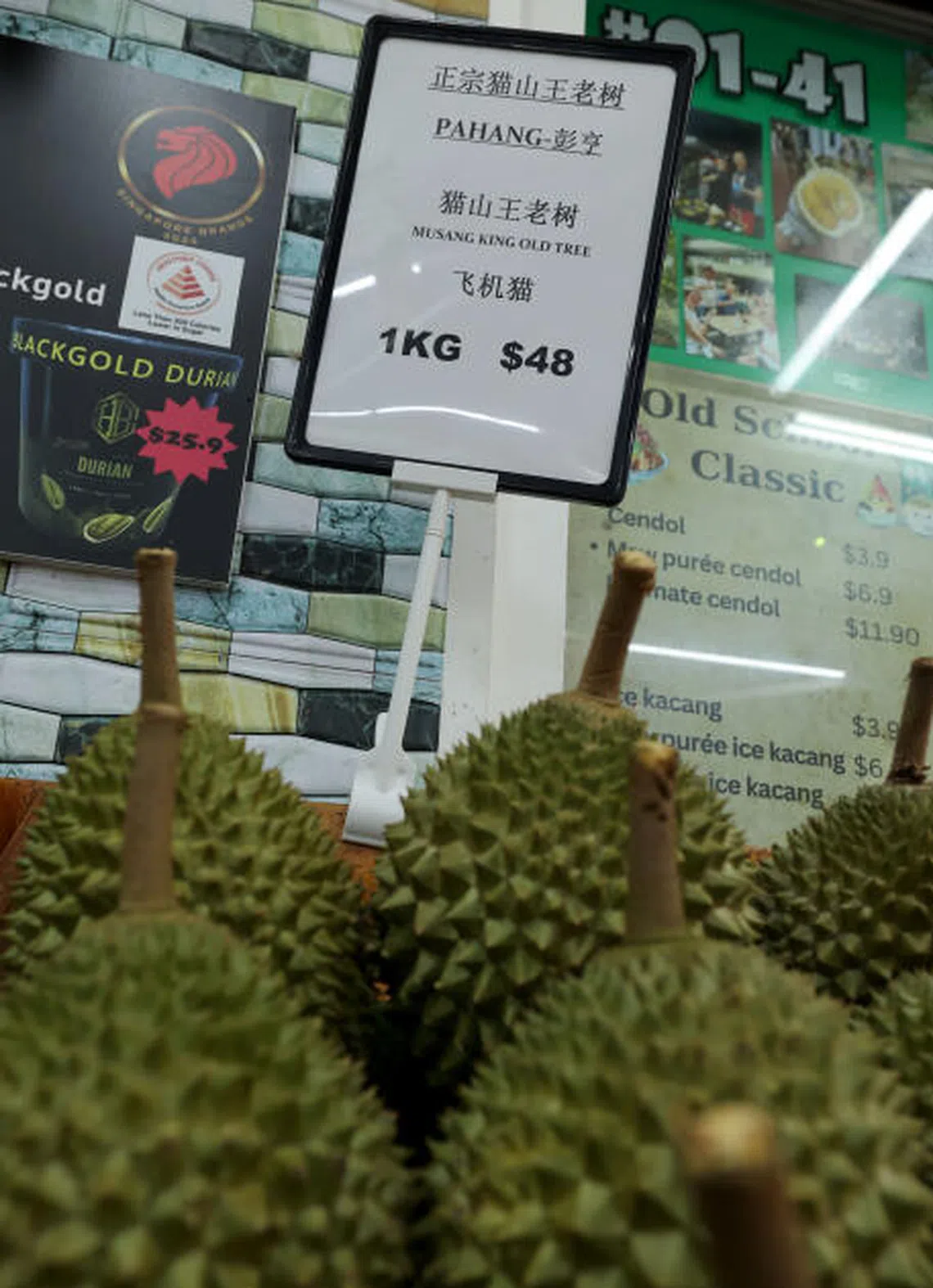 克罗士街上段的榴梿专卖店“正宗猫山王老树”，店面售卖的“飞机猫”榴梿，每公斤要价48元。（庄耿闻摄）