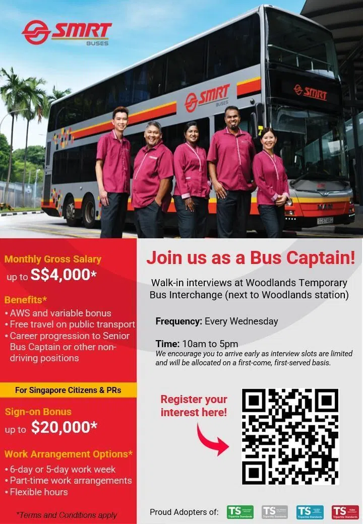 SMRT今年1月中旬在脸书刊登征才广告，提供2万元签约金给公民和永久居民。（取自SMRT脸书）