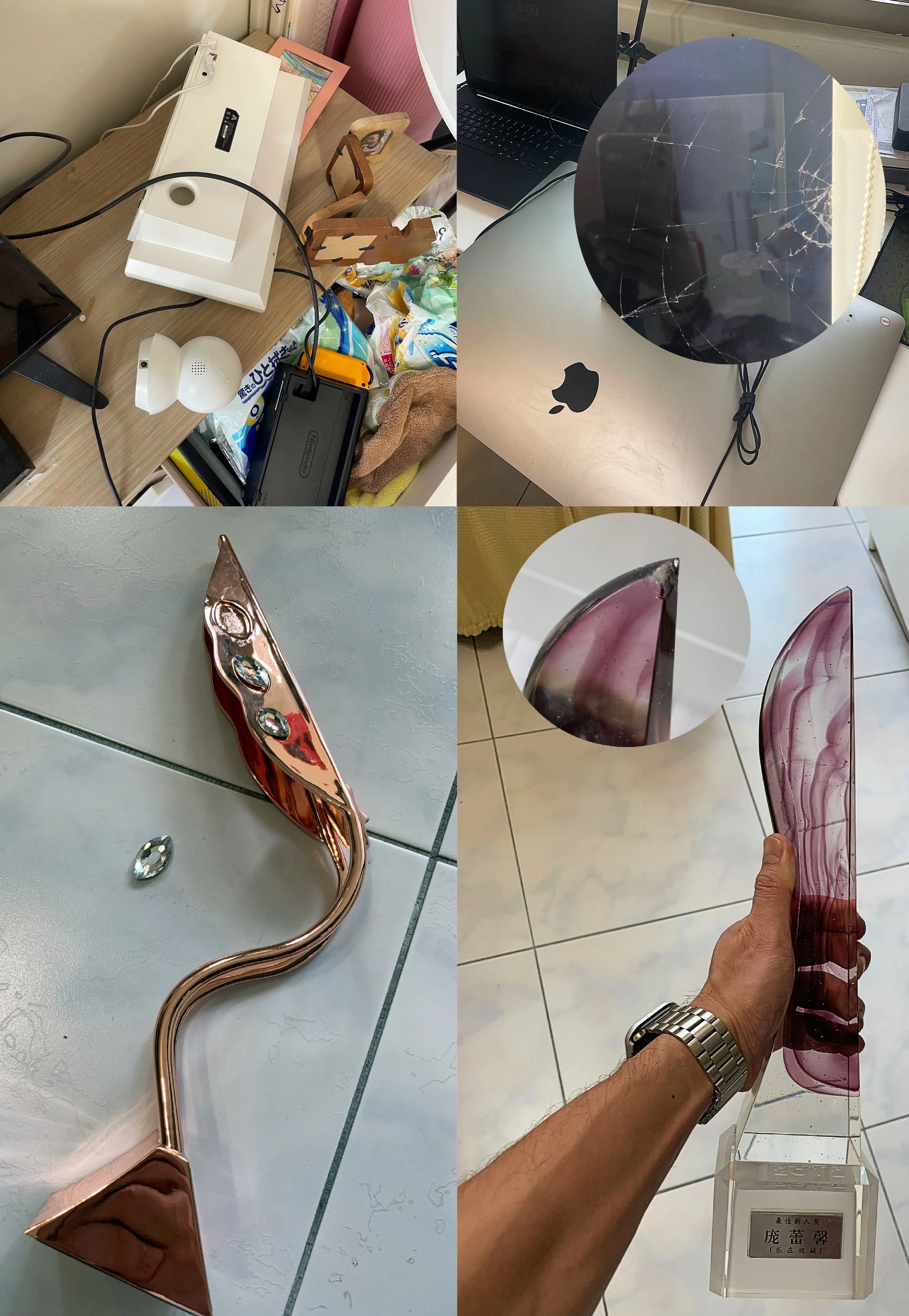 陈邦鋆说，发生强震时，家里的柜子以及里头物品倒的倒（上排左图，顺时针）、电脑荧幕也碎了，庞蕾馨的红星大奖奖座、陈邦鋆亚洲电视大奖奖座也摔坏。（受访者提供）