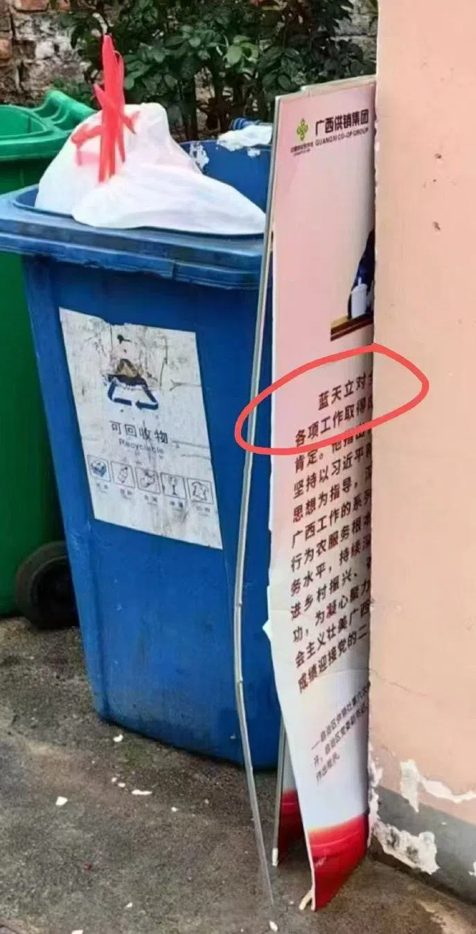 网传照片显示，出现蓝天立言论的宣传展板，被直接丢进垃圾堆。（互联网）