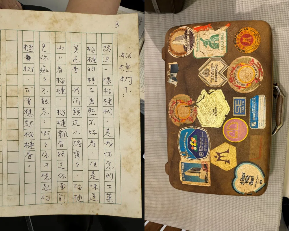 展览展出王沙手稿（左）和行李箱（右）。（新加坡华族文化中心提供）