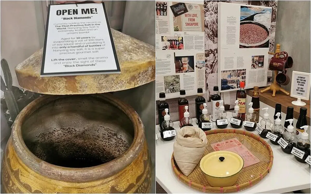 （左图）酱传奇邀顾客打开酱缸闻一闻天然发酵酱油的鲜香。（右图）试吃酱料是很新鲜的体验。（陈爱薇摄）