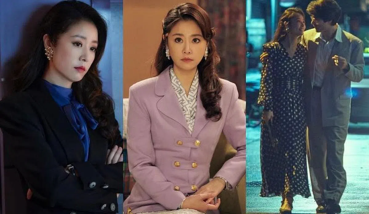《华灯初上》里林心如的各种外套和波点连身裤造型。（Netflix图）