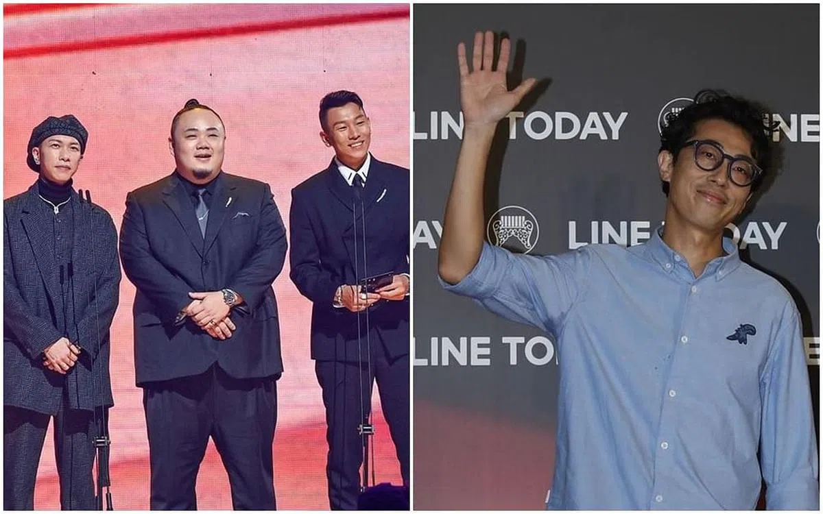 “顽童MJ116”的大渊（左图中）颁奖时开了马念先（右图）的玩笑。（互联网）