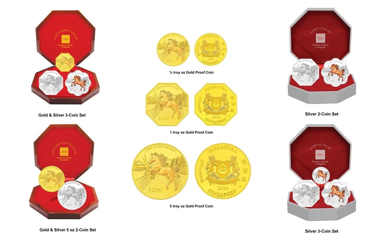 马年纪念币是第四版生肖纪念币系列中的第十套，涵盖十款限量设计的纪念币。（新加坡金融管理局提供）
