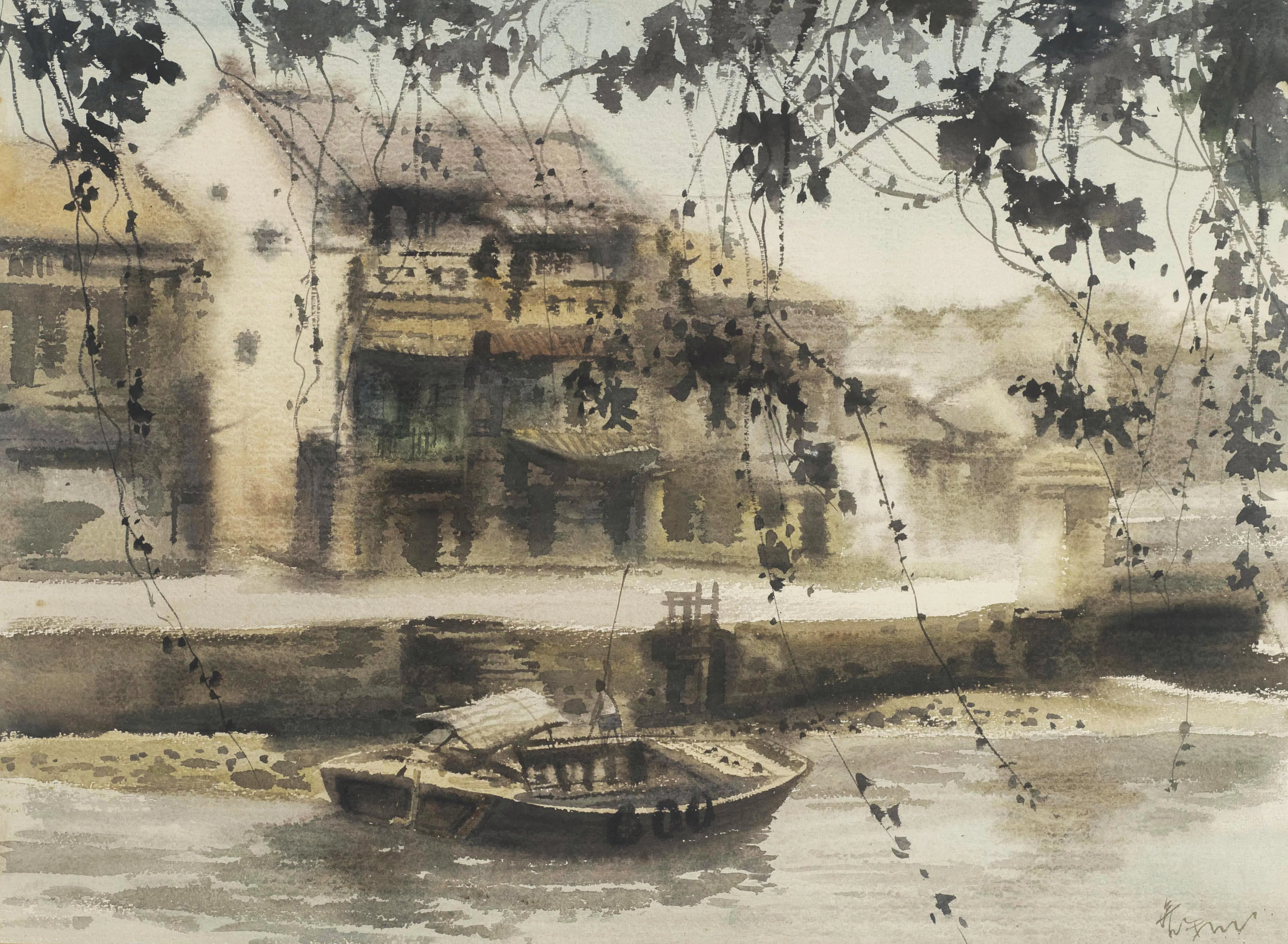 刘培和水彩画《树荫下》(1981）水墨韵味十足。（受访者提供）