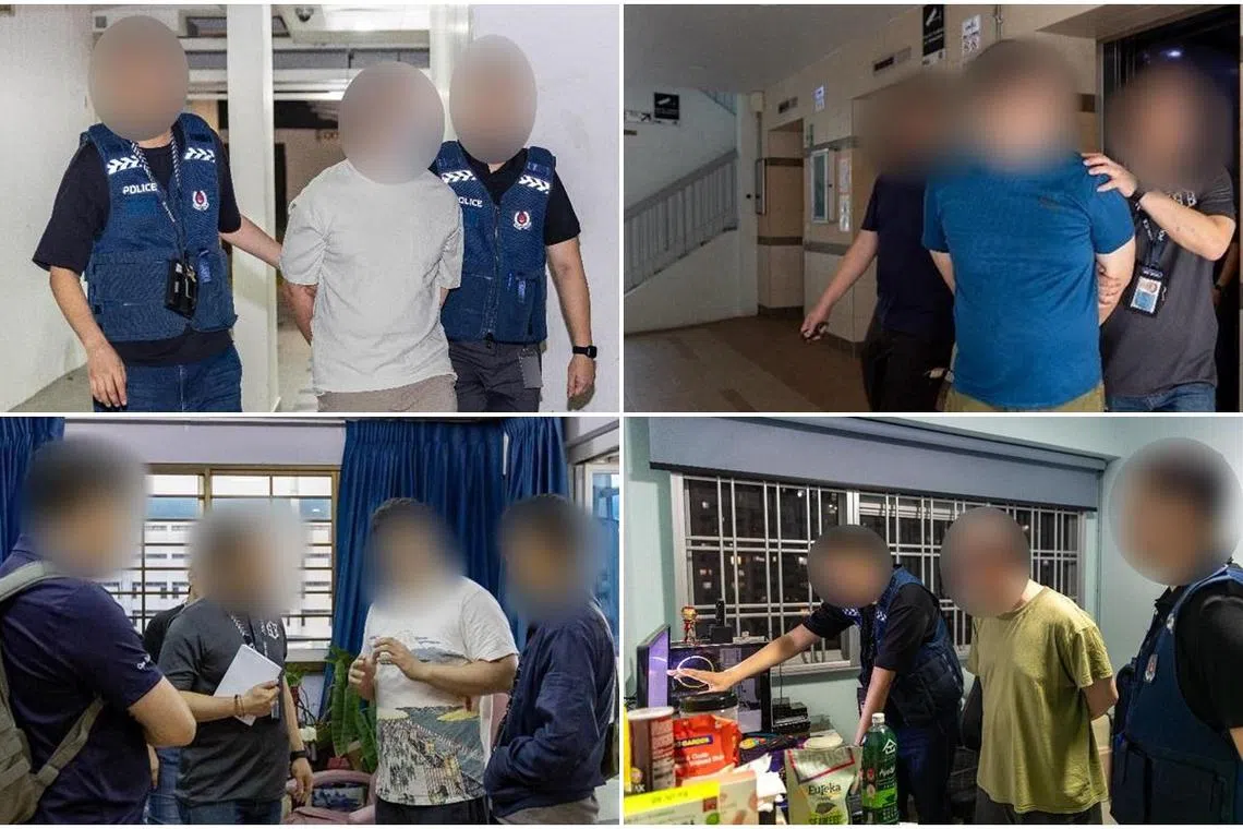 新加坡警察部队刑事侦查局专门罪案调查组在全岛各处突击，逮捕21人。（新加坡警察部队提供）