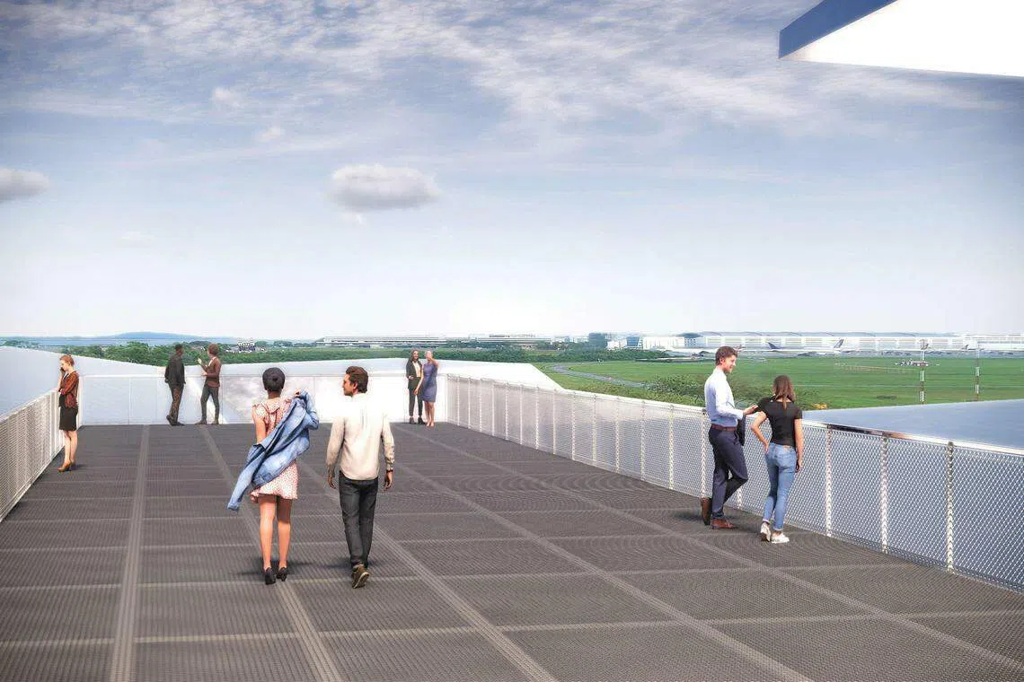 访客将来能在民航学院的屋顶露台，一览樟宜机场的独特景观。（新加坡民航局构想图）