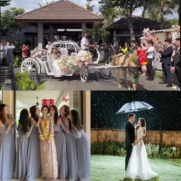 何依婷和新郎坐马车参加婚礼（上图），身上的金器和浪漫的婚礼场面引起议论。（取自艺人Instagram）