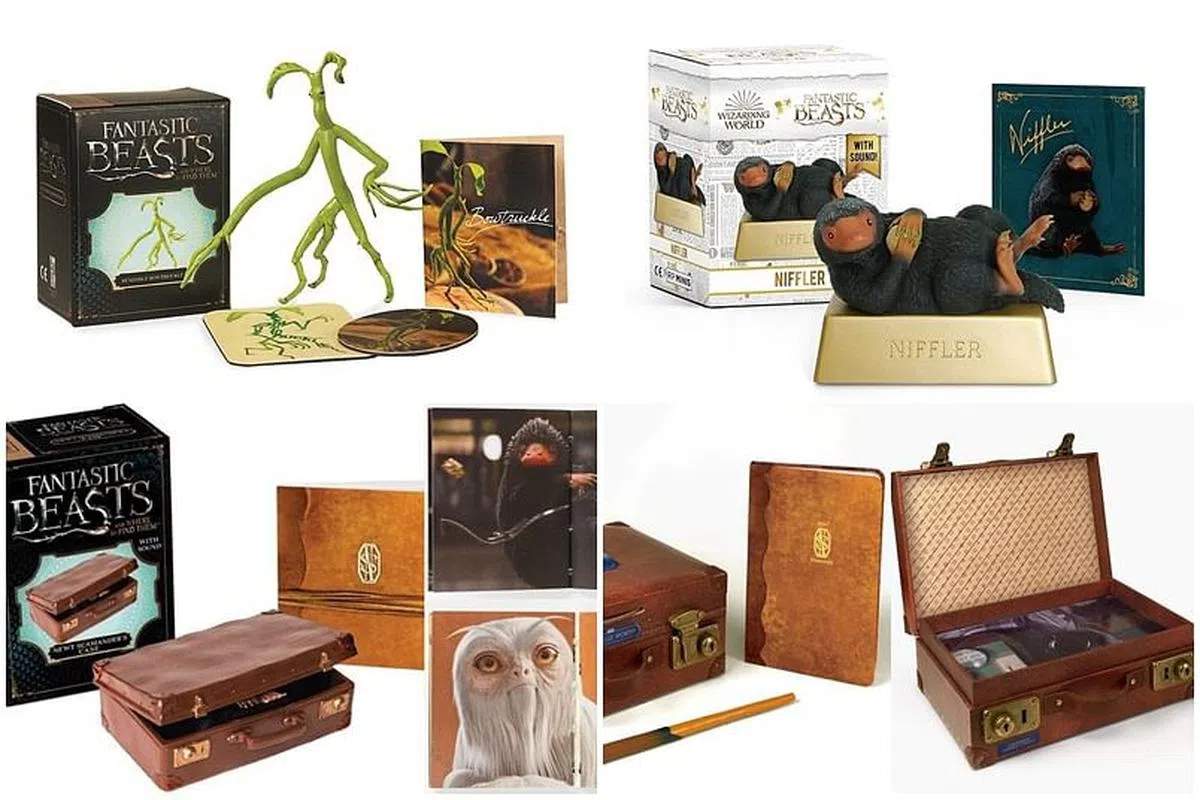 《怪兽与它们的产地》的周边产品：木精玩偶组（左上图）、玻璃兽玩偶组（右上图）、奇兽皮箱珍藏套装（左下图）、奇兽皮箱迷你版。（互联网）