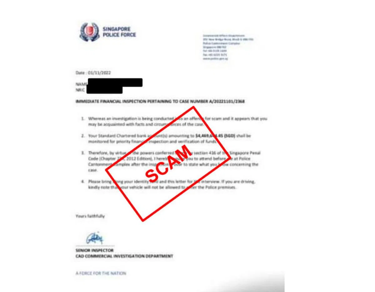 骗子一般还会发送一封带有新加坡警察部队标志的信件，要求受害者提供财务资料等信息。（新加坡警察部队提供）