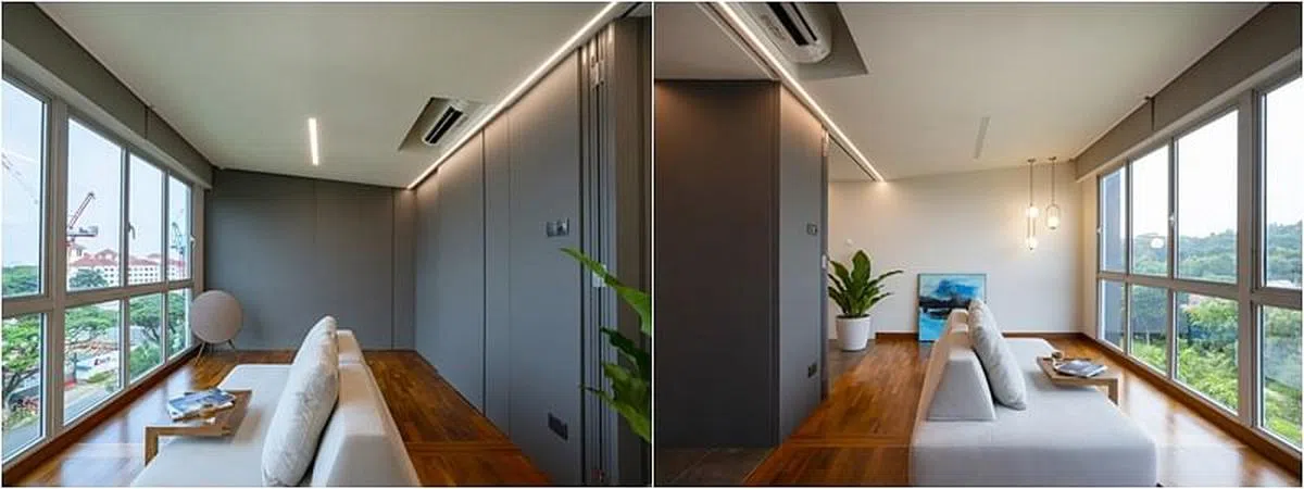 （左图）客厅活动墙全关上时成了私密的起居室。（右图）客厅活动墙全拉开时空间十分宽敞。