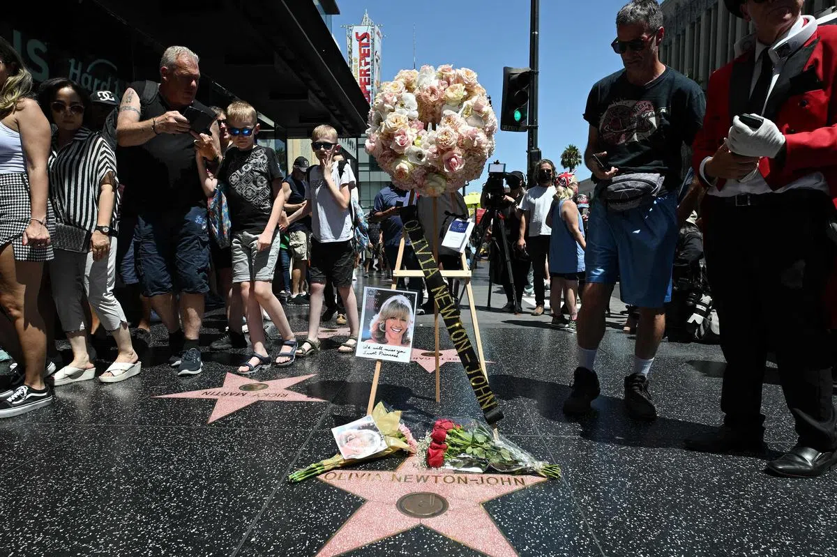 美国民众到加州好莱坞星光大道的Olivia Newton-John星形奖章上献花，缅怀巨星。（图/法新社）