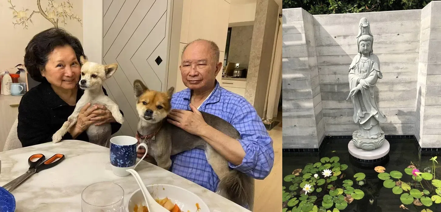 吴宇森和太太牛春龙带着狗狗重返家园，庆幸庭院的观世音菩萨还在。（互联网）