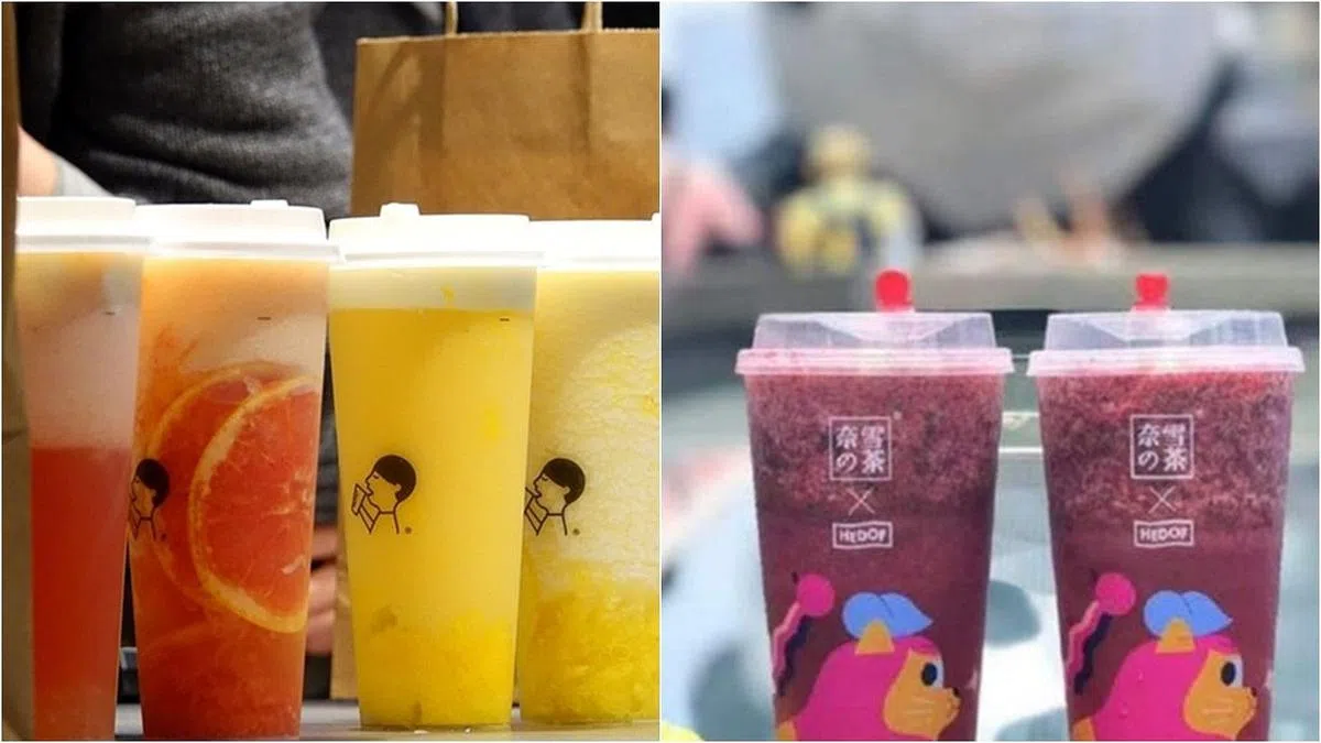 非常受年轻人欢迎的中国茶饮品牌喜茶（左）以及奈雪的茶（右）。（互联网）