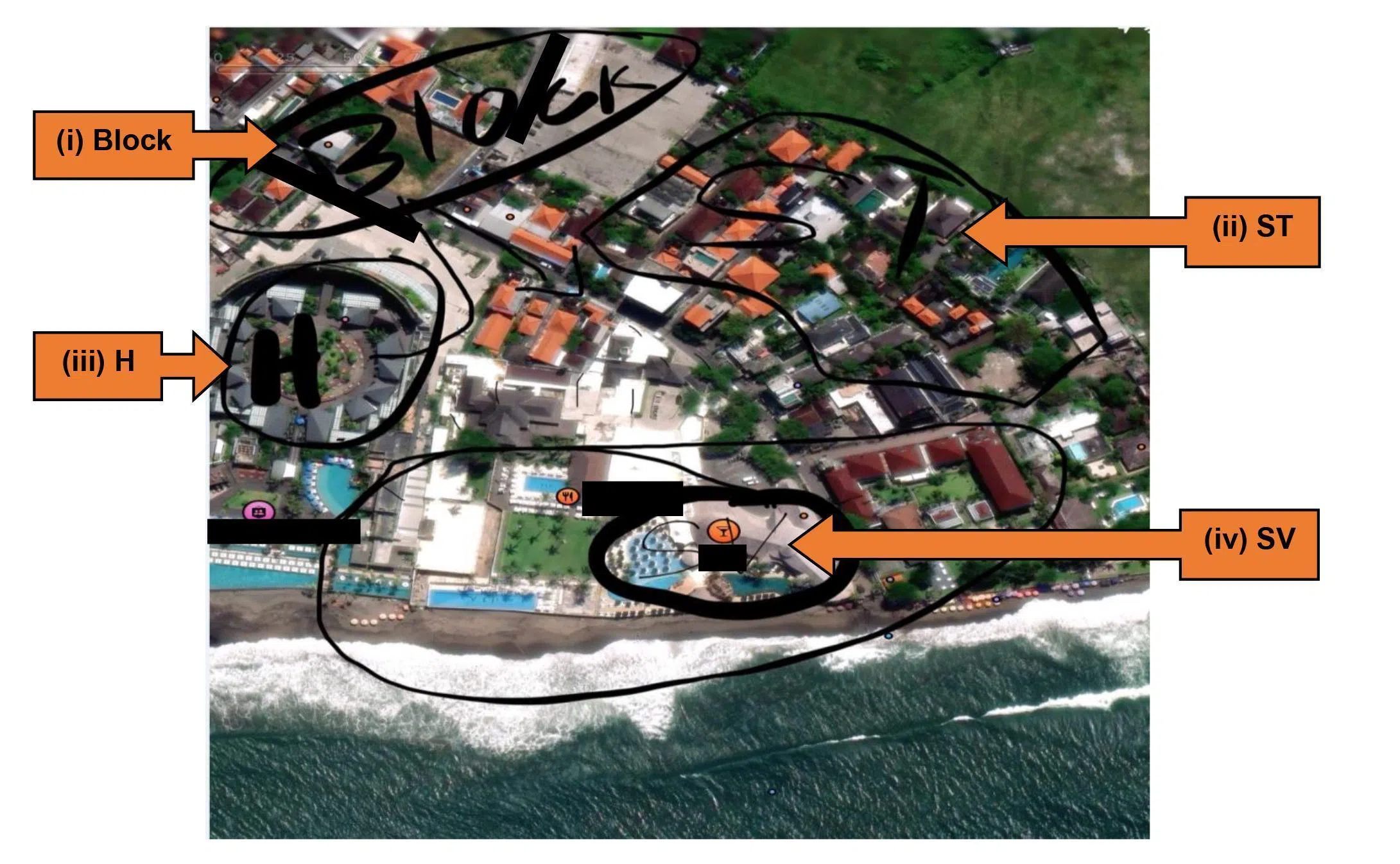 少年根据从网上下载的峇厘岛航拍图片，拟定一份针对当地一家夜店的袭击计划。图片上标注扣留人质、发动自杀式爆炸袭击，以及武装分子集合点等细节。（内部安全局提供）