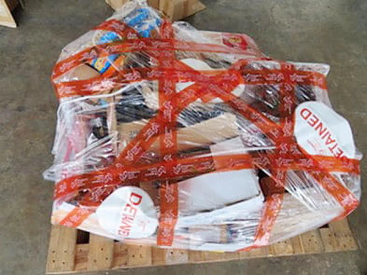 集装箱内的约36公斤食品归被告所有，包括32.42公斤的香肠、鸭翅膀和牛肉干等，以及60个咸蛋。（食品局提供）