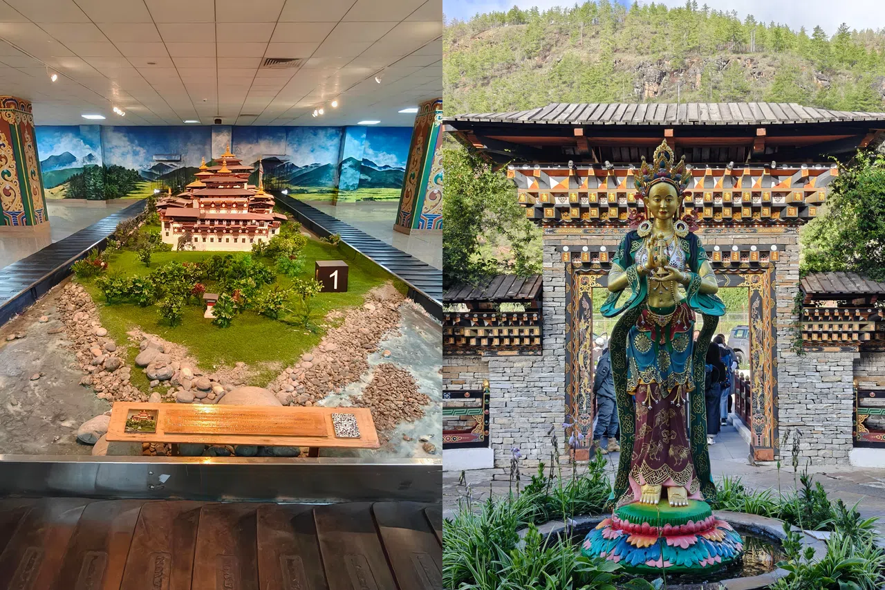 帕罗国际机场大概是我见过最具当地文化特色的机场，机场大厅只有两条行李输送带（左）。走出机场，迎面便是一尊大菩萨（右）。（陈默汎摄）