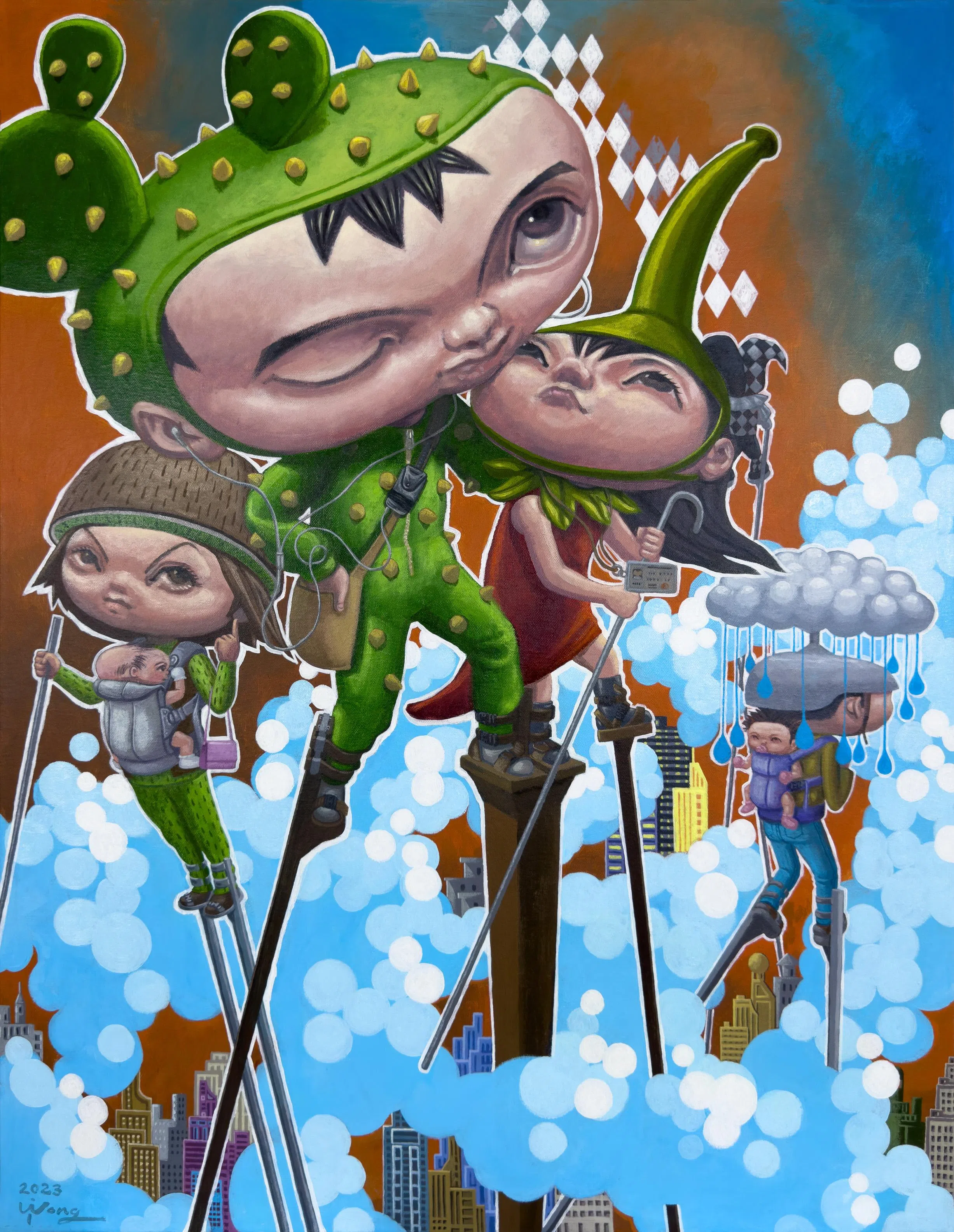 黄士耀亚克力画《给我最爱的人》描绘了父亲把自己的高跷与女儿分享。（嘉合画轩提供）