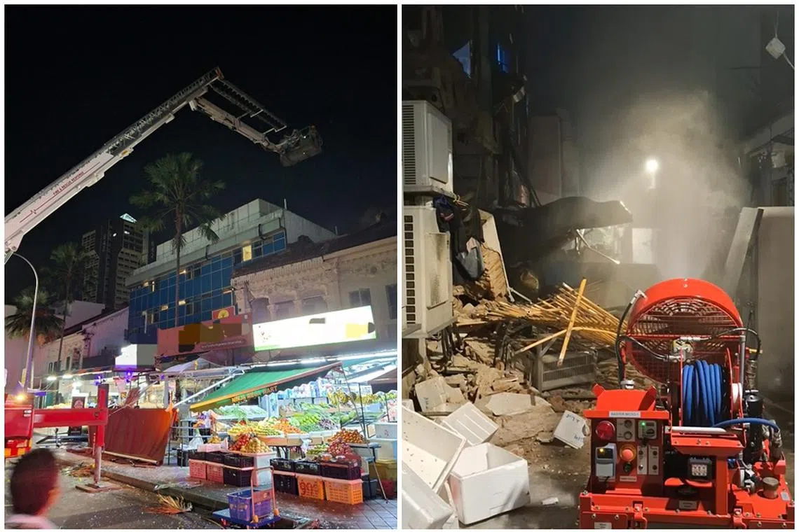 消防员运用梯子，从84号店屋的二楼救出一人。（取自新加坡民防部队脸书）