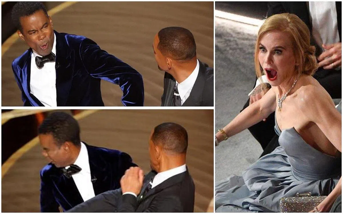 Will Smith走上台打Chris Rock一巴掌，把台下的Nicole Kidman等明星吓了一跳。（互联网）