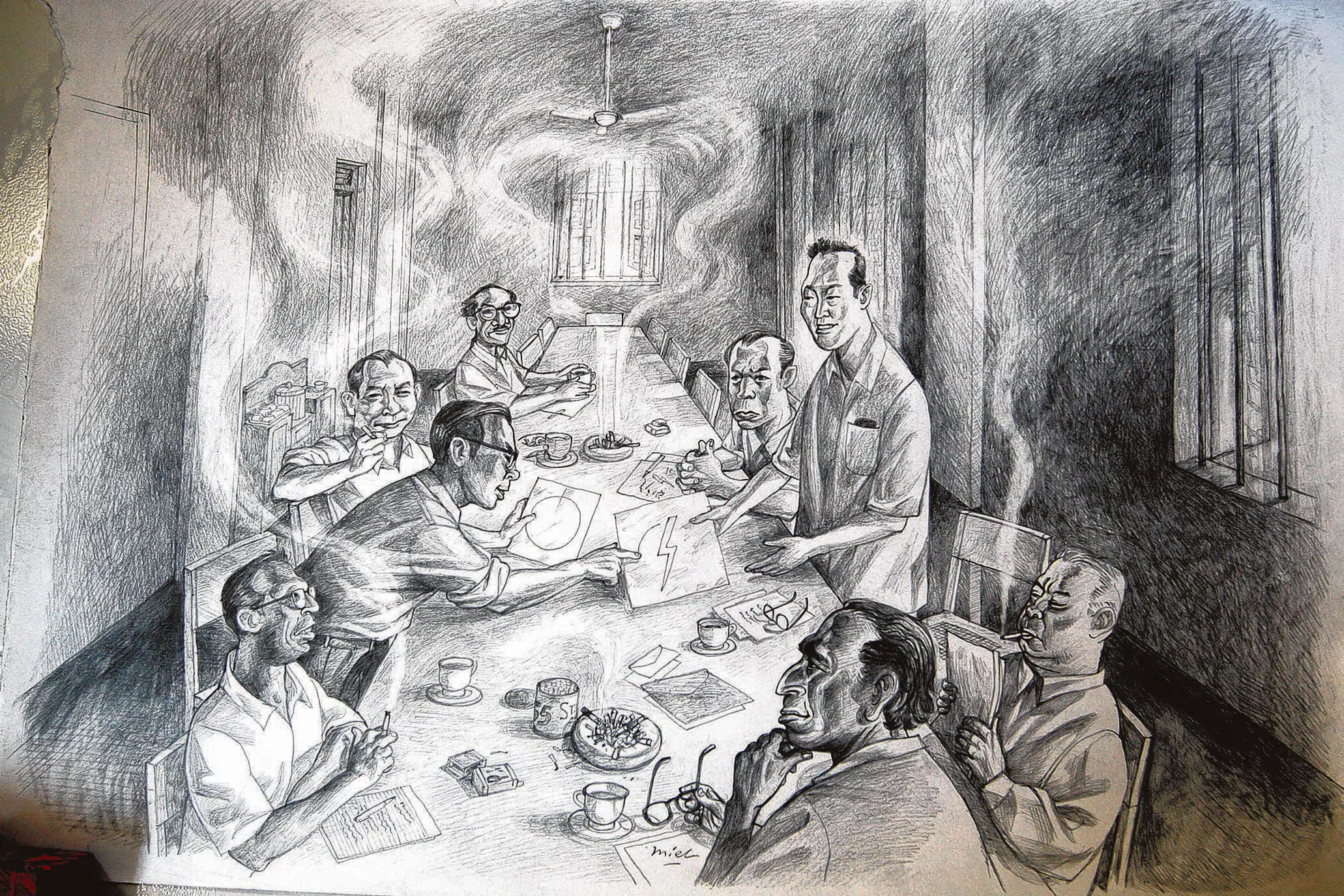 《海峡时报》美术员梅尔（Miel Prudencio Rosales）曾在画纸上重现人民行动党创始成员伊斯迈（Ismail Rahim，右上方顺时钟方向）、李光耀、贝恩（K M Byrne）、拉惹勒南、蒂凡那、杜进才、吴庆瑞和沙末（Samad Ismail）在欧思礼路38号地下室商讨党徽设计的情景。（档案插画）