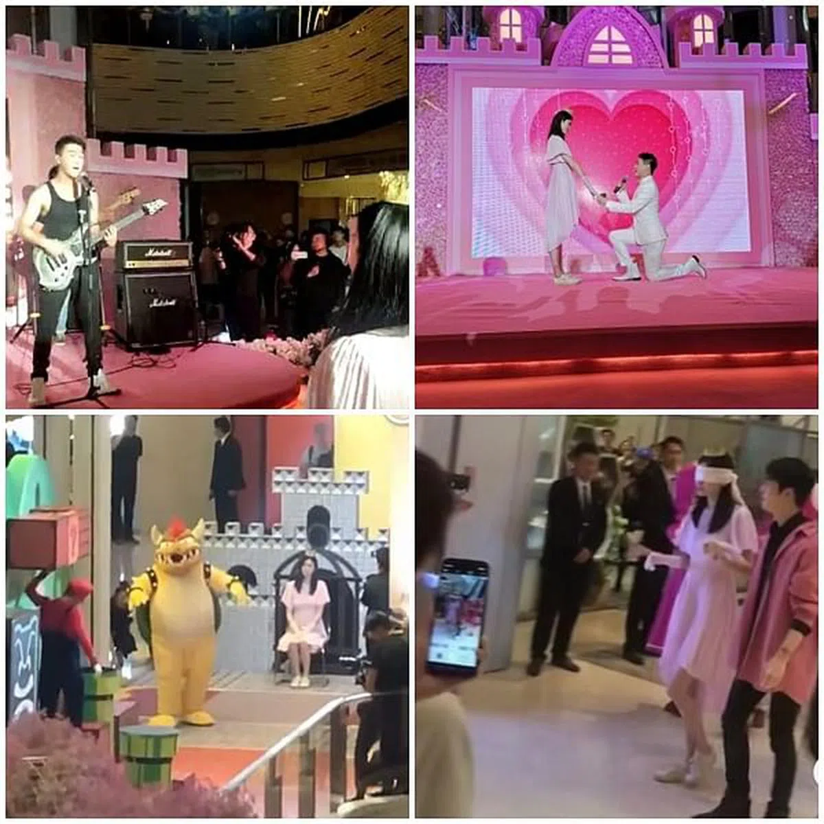 何猷君当年向奚梦瑶公开求婚，让她蒙眼被带入会场、扮演被他英雄救美的公主，自己模仿谢霆锋演唱，又当众下跪。（视频截图）