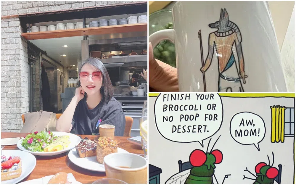 陶晶莹（左图顺时针）收到儿子送的马克杯，以及女儿送的卡片。（取自IG、FB）