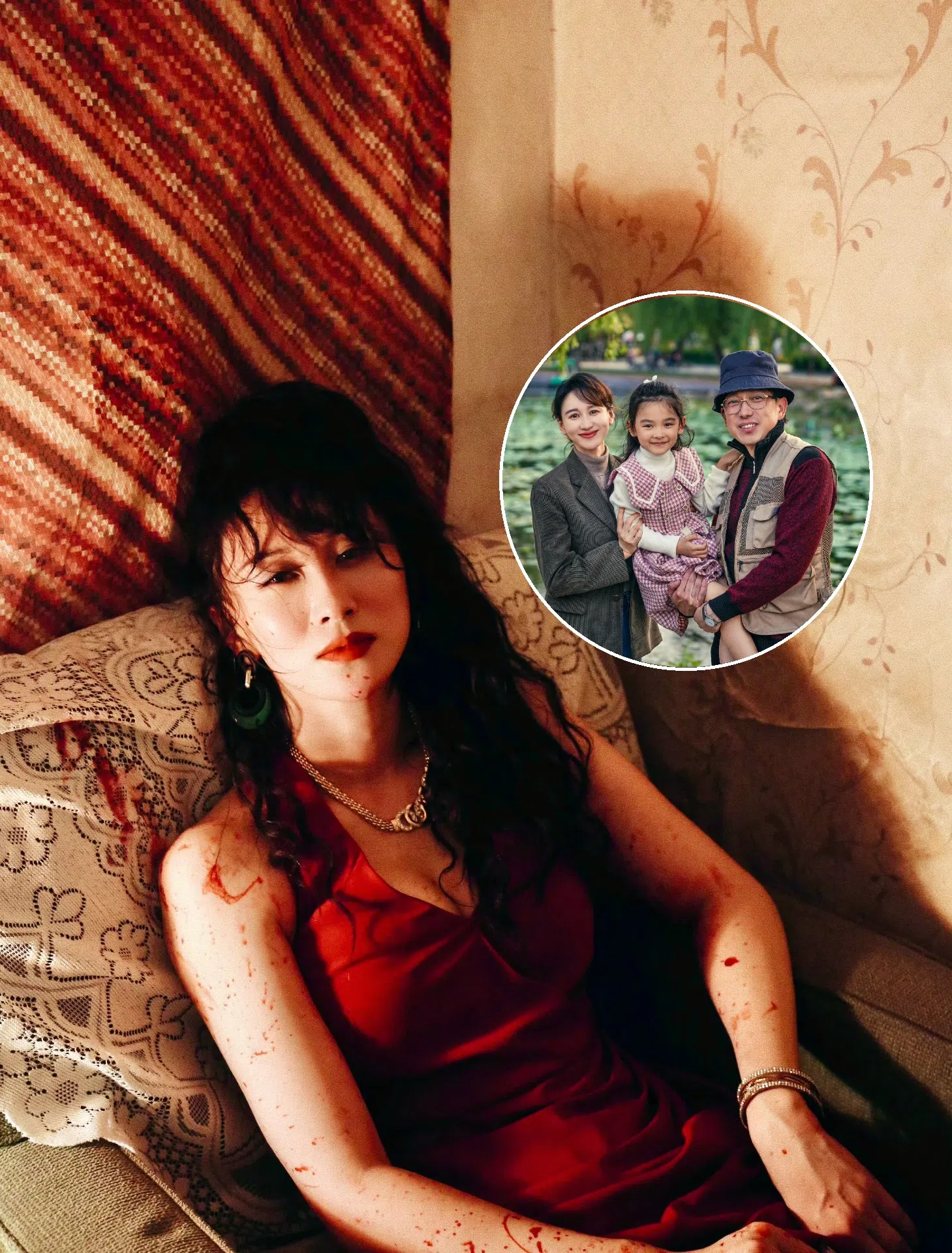 练练在《雪迷宫》饰演的姜迎紫看似贤妻良母（圈图），原来她还是贩毒集团大姐大、有杀人不眨眼的另一面。（互联网）