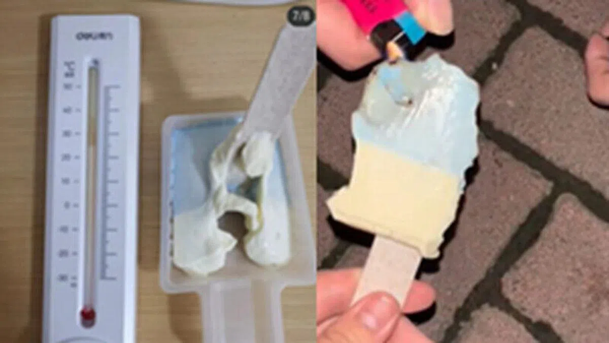 有网民先后在网上晒出钟薛高雪糕“高温不化”（左）和“火烧不化”（右）的视频。（视频截图）