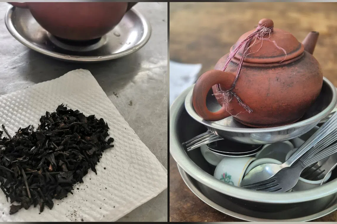 入座后，茶壶、茶杯和餐具，以及散茶叶一起送上。（陈爱薇摄）