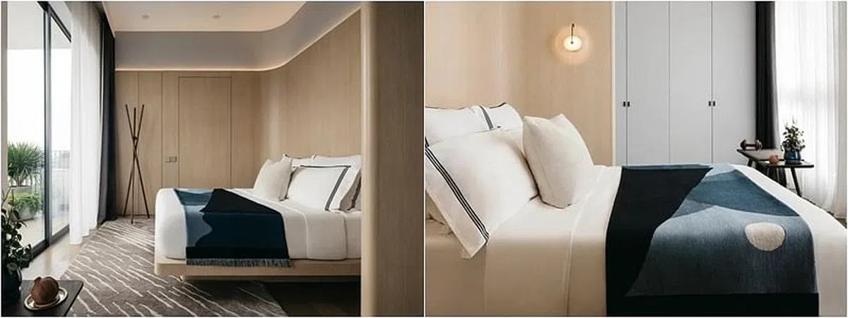 （左图）主卧室设计的一大亮点，是睡床像是被弧形床头所包围。（右图）主卧室的圆形墙灯与浅灰色衣橱与房子的整体设计成一体。（932设计事务所提供照片／Studio Periphery摄影）