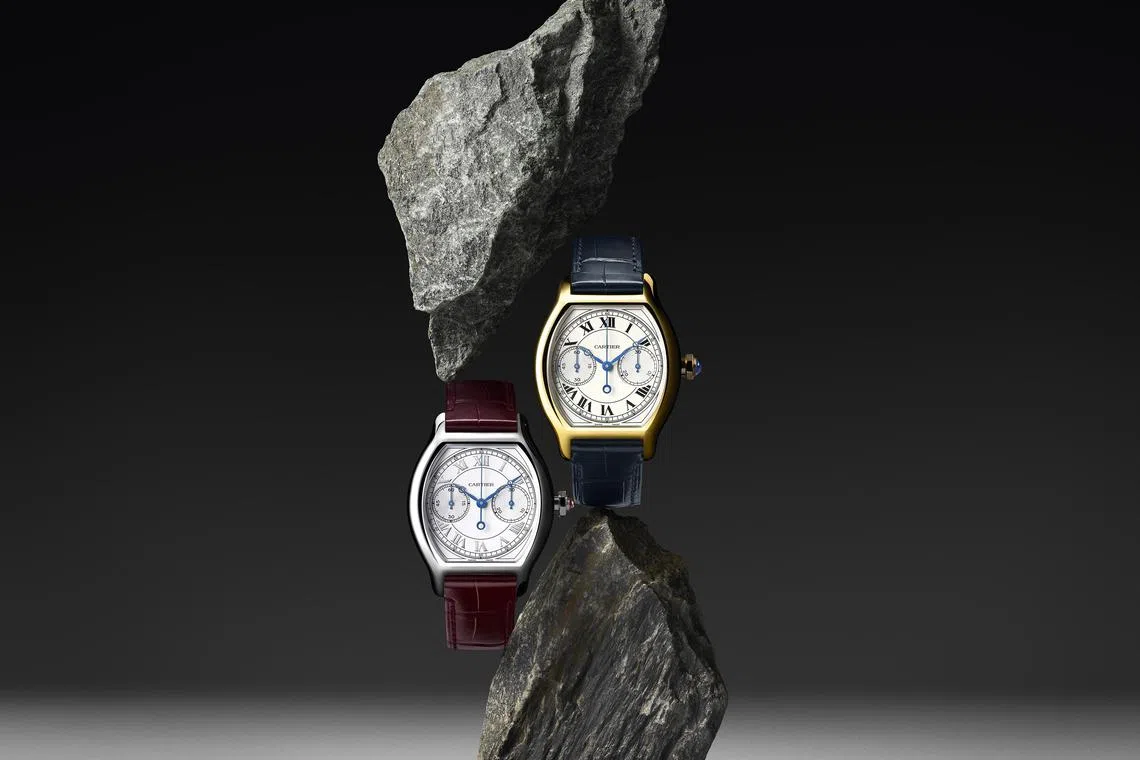 全新Tortue腕表推出单按钮计时码表款，搭配苹果形指针、镂空配重秒针等设计元素。（卡地亚提供）