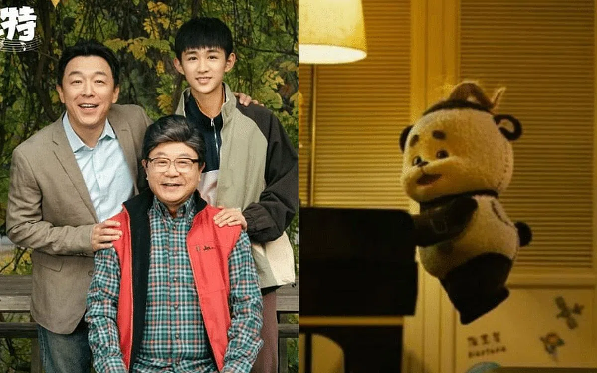 黄渤（左起）、范伟、荣梓杉饰演祖孙三代，与外星人“莫扎特”的互动有趣。（互联网）