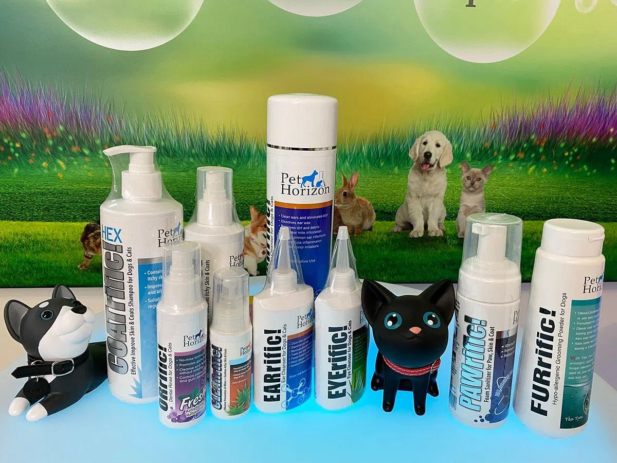 泛玛旗下呵力竞（Pet Horizon）品牌是本地宠物洗护用品老字号。 （苏秉苓摄）