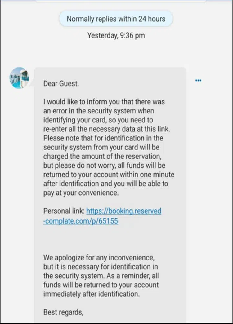 骗子会假冒酒店工作人员，通过Booking.com应用内的聊天功能发信息或电邮，要求预订者点击链接提供个人资料。（新加坡警察部队提供）