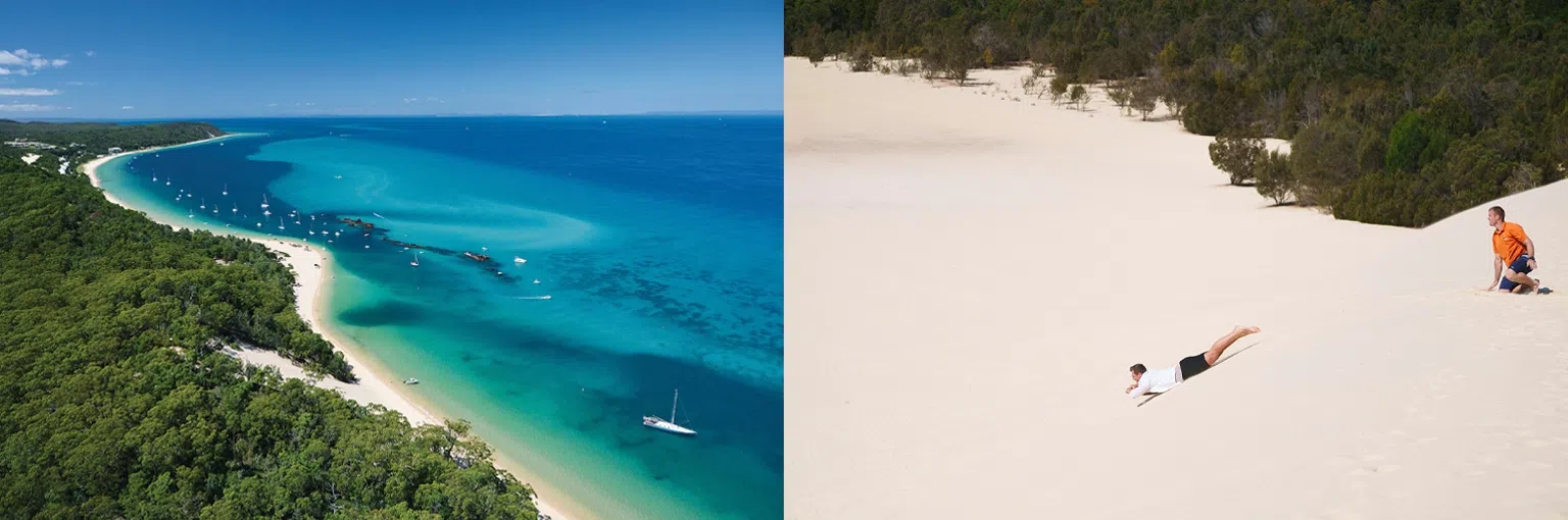摩顿岛的Tangalooma沉船（左）和沙漠的沙丘（右）都是不可错过的标志性景点。（图/昆士兰旅游和活动提供）
