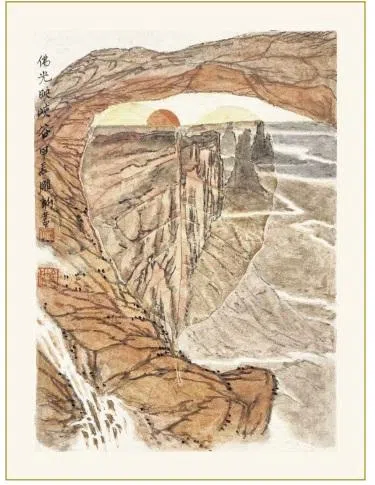 美国海外中国美术家协会主席雕新菩提叶画《佛光映峡谷》。（主办方提供）