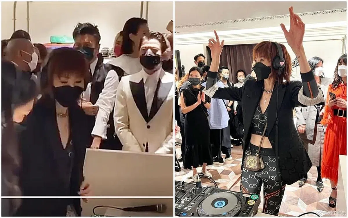 张曼玉（右图）忘情地手舞足蹈，在一旁的郭富城和谢霆锋（左图）后来也跟着动起来。（互联网）