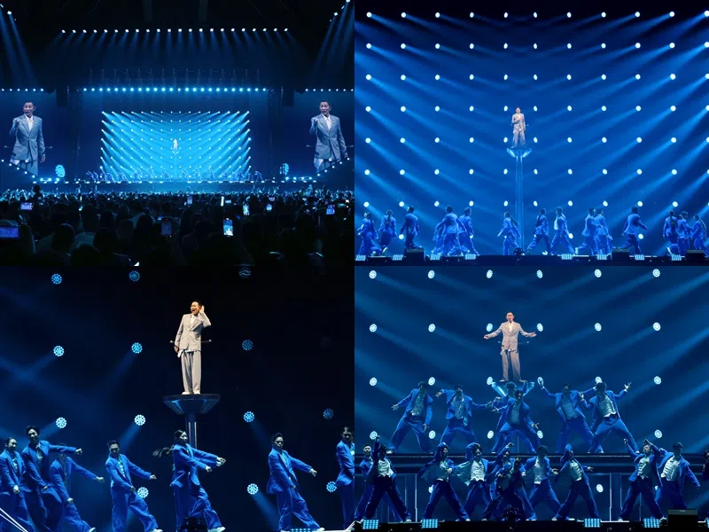 刘德华站在约五公尺高的高台上唱歌，让人替他捏把冷汗。（邝启聪摄）